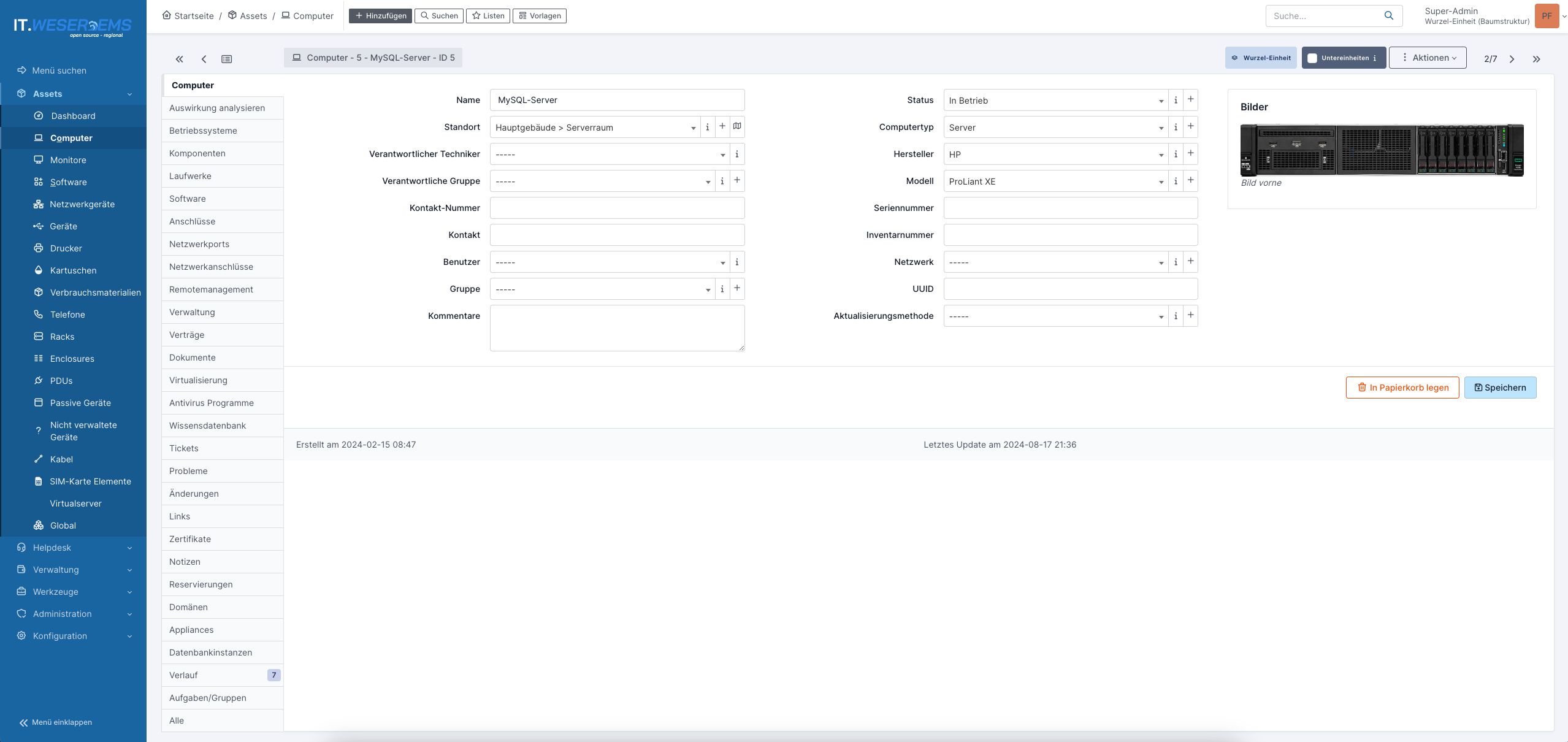 GLPI 10 Detailansicht eines IT-Assets
