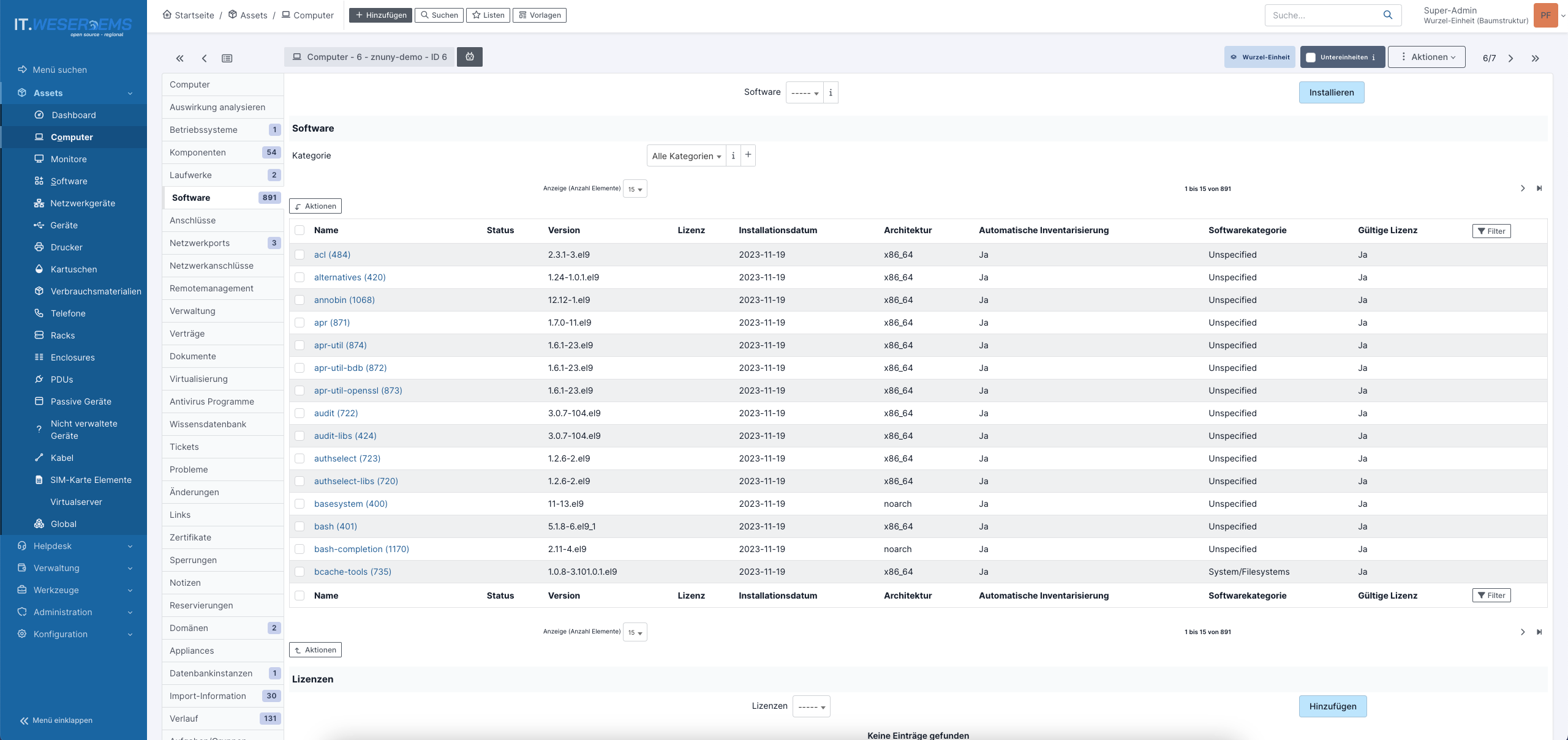 GLPI 10 installierte Software eines Assets