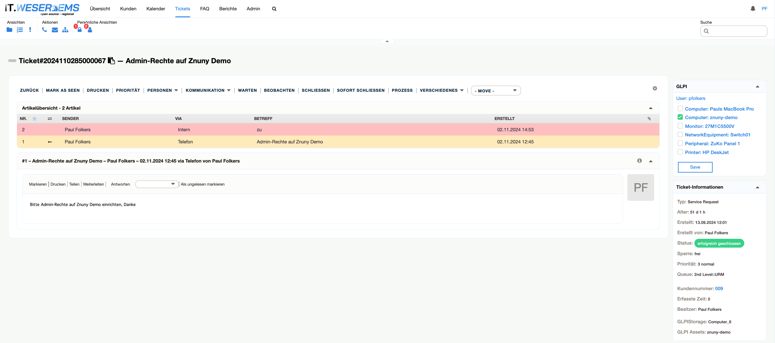 Znuny Ticketdetails mit eingeblendetem GLPI-Asset-Widget