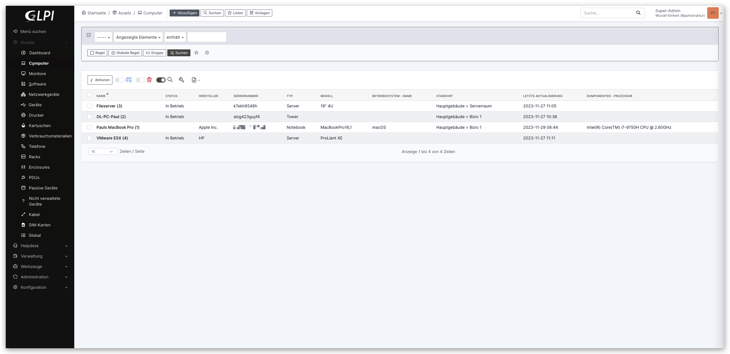 ITSM Asset Management CMDB GLPI Computer-Ansicht