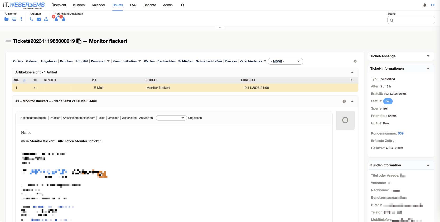 ITSM-Ticket System/Helpdesk Znuny 7 mit einem Ticket als Detailansicht
